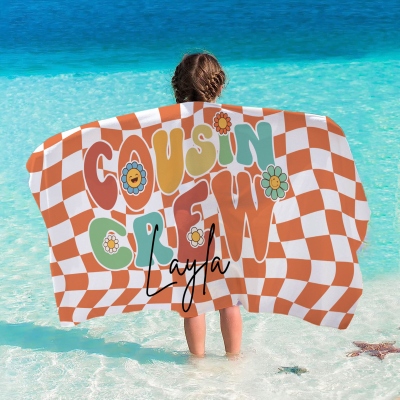 Personalized Name Cousin Crew Colorful Plaid Beach Towel, Perfect for Family Outings