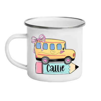 Custom Name School Bus Pencil Design Enamel Mug, 11oz Unbreakable Stainless Steel Children's Cup, Back to School/Birthday Gift for Boys/Girls/Kids