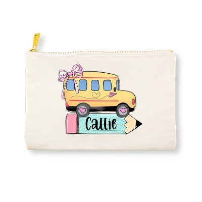 Trousse à crayons personnalisée avec nom et motif de bus scolaire, sac de rangement de papeterie en lin de grande capacité, cadeau de rentrée scolaire/d'anniversaire pour garçons/filles/étudiants