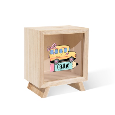 Custom Name School Bus Pencil Design Piggy Bank, Wooden Transparent Window Money Box Saving Bank, Back to School/Birthday Gift for Boys/Girls/Kids