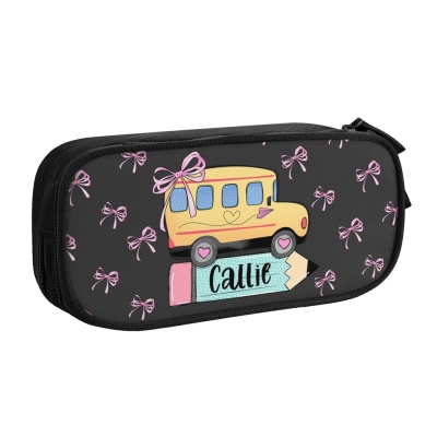 Personalized Name School Bus Design Pencil Case, Double Layer Large Capacity Pen Pouch with Zipper, Back to School/Birthday Gift for Boys/Girls/Kids