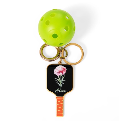 Personlig födelseblomma emalj Pickleball Paddle Nyckelring med namn och Pickleball, födelsedag/julpresent till mamma/henne/vän/Pickleball älskare