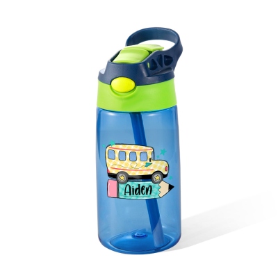 Wasserflasche mit personalisiertem Namen und Schulbus-Design, 16 oz PC-Kunststoff, umweltfreundliche Kinderflasche, Geburtstags-/Schulanfangsgeschenk für Jungen/Mädchen/Sportliebhaber