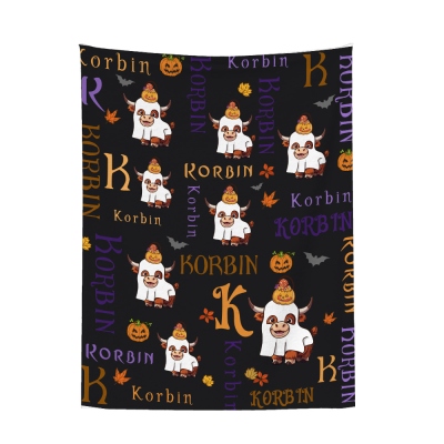 Personalized Name Halloween Highland Cow Design Blanket, Soft Cozy Throw for Bed Couch, Party Favor, Halloween Gift for Children/Highland Cow Lovers