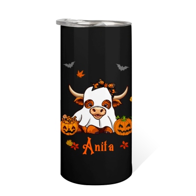 Personalized Name Halloween Highland Cow Water Bottle, 15oz Unbreakable Stainless Steel Insulated Mug, Halloween Gift for Kids/Highland Cow Lovers