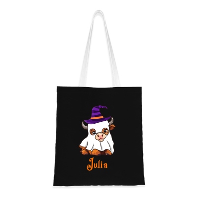 Personalisierter Name Halloween Ghost Highland Cow Tote Bag, Große Trick or Treat Canvas Tasche, Halloween Geschenk für Kinder/Mädchen/Highland Cow Liebhaber