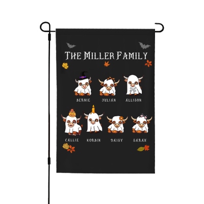 Drapeau de jardin personnalisé avec noms de vaches des Highlands fantômes d'Halloween, drapeau Trick or Treat, décoration de jardin, cadeau d'Halloween pour la famille/les amoureux des vaches des Highlands