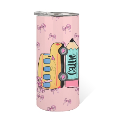 Custom Name School Bus Design Pencil Tumbler, 15oz Unbreakable Stainless Steel Insulated Mug, Back to School/Birthday Gift for Boys/Girls/Students