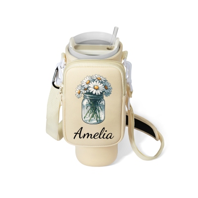 Personalized Name & Birth Flower Water Bottle Carrier Bag with Pouch, 40oz Cup Holder Pouch with Strap, Birthday/Christmas Gift for Women/Family