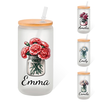 Personalisierter Retro-Becher mit Namen und Geburtsblume, 20oz Milchglas-/Klarglasbecher mit Strohhalm und Bambusdeckel, Muttertags-/Geburtstagsgeschenk für Mama/Frau/Schwester