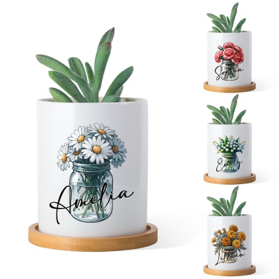 Pot de fleurs personnalisé avec nom et naissance, pot de fleurs en céramique avec drainage et plateau en bambou, décoration d'intérieur, cadeau d'anniversaire/Noël pour maman/grand-mère/amoureux des plantes