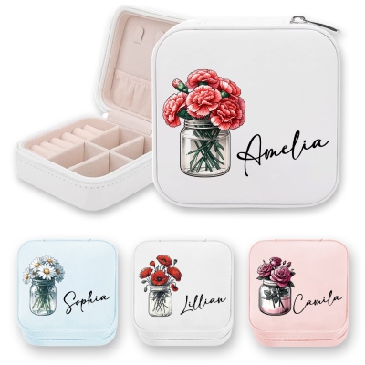 Personalisierte Schmuckschatulle mit Namen und Geburtsblumenmuster, Retro-Schmuckaufbewahrungsbox aus PU-Leder, Weihnachts-/Geburtstags-/Brautgeschenk für Mama/Mädchen/Brautjungfern