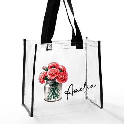 Sac à main en PVC transparent avec nom personnalisé et fleur de naissance, sac fourre-tout étanche de grande capacité, accessoire de voyage, cadeau de fête des enseignants/anniversaire pour enseignants/mamans/femmes