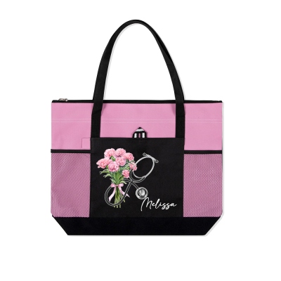 Custom Name & Birth Flower Bow Stethoscope Design Tote Bag, Canvas Nurse Bag with Mesh Pocket, Graduation/Appreciation Gift for Nurse/Medical Students