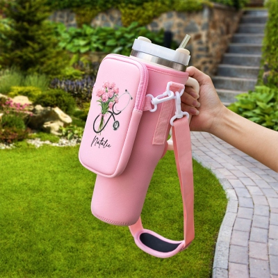 Porte-gobelet de stéthoscope avec nœud de fleur de naissance personnalisé, sac de transport de bouteille de 40 oz avec pochette, cadeau d'anniversaire/d'appréciation pour infirmière/personnel médical