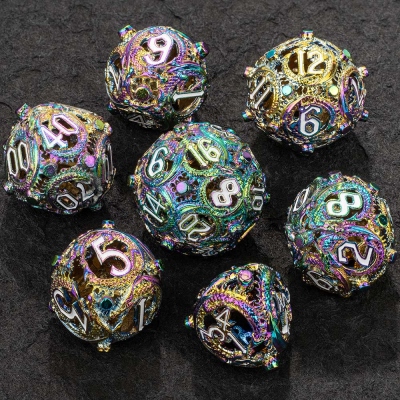 Metal DND Flying Dragons Dice Set, DND Dice Set, Metal Dice Set, Dazzling Color Dice, Yellow Dice Set, Hollow Dice Set, Tabletop Dice, Dice Gift