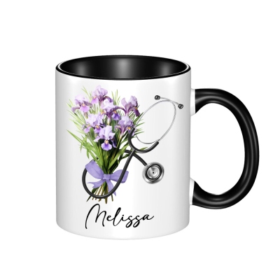 Custom Name & Birth Flower Bow Stethoscope Design Mug, 11oz Ceramic Nurse Coffee Cup, Appreciation/Graduation Gift for Nurse/Doctor/Medical Students