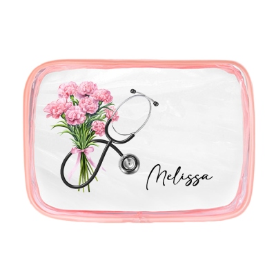 Trousse de maquillage en PVC transparent avec nœud en forme de fleur et nom de naissance, trousse de maquillage de voyage avec fermeture éclair, cadeau d'anniversaire/d'appréciation pour infirmières/personnel médical