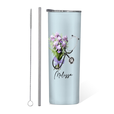 Custom Name & Birth Flower Bow Stethoscope Tumbler, 20oz Stainless Steel Travel Mug with Straw, Birthday/Appreciation Gift for Nurse/Medical Staff