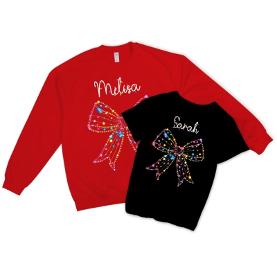 Personalisiertes Weihnachtsshirt mit Weihnachtslicht und Schleife, Mehrfarbiges Retro-Weihnachts-T-Shirt/Sweatshirt, Weihnachtsgeschenk für Erwachsene/Kinder/Familie