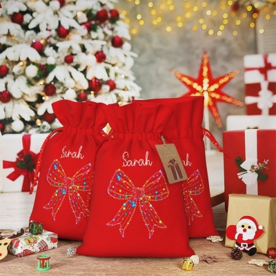 Sac de Noël personnalisé avec nœud lumineux de Noël, sac cadeau de friandises de Noël avec cordon de serrage et carte, décoration de fête de Noël, cadeau de Noël pour enfants/famille