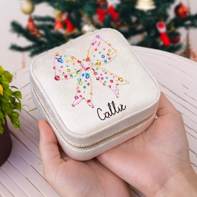 Personalized Christmas Light Coquette Bow Design Jewelry Box with Name, Velvet Travel Jewelry Case with Zipper, Christmas Gift for Mom/Grandma/Her