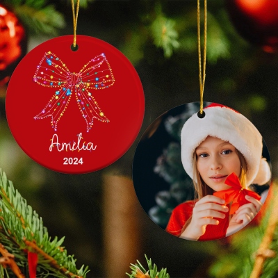 Ornement de Noël en forme de nœud lumineux et photo personnalisé, ornement d'arbre de Noël en céramique 2024, décoration de vacances festive, cadeau de Noël pour la famille/ami