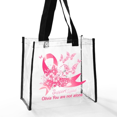 Custom Name Breast Cancer Warrior Tote Bag with Butterfly & Pink Ribbon, You Are Not Alone PVC Handbag, Cancer Survivor Gifts for Patients/Women