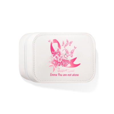 Custom Name Butterfly Pink Ribbon Makeup Box with Three-Color Adjustment LED Light Mirror, Jewelry Makeup Box, Cancer Survivor Gifts for Patients/Her