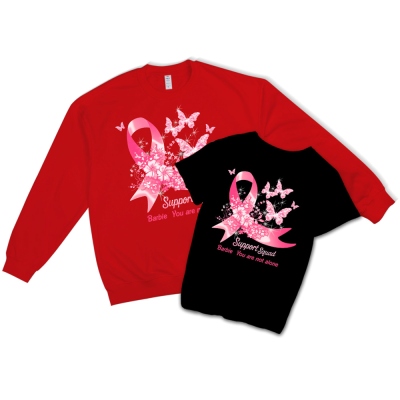 Custom Name Butterflies Pink Ribbon Pattern Family Shirt, You Are Not Alone T-Shirt/Sweatshirt, Beating Breast Cancer Gifts for Patients/Family/Kids