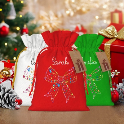 Custom Name Christmas Light Bow Christmas Bag, Xmas Treat Gift Bag with Drawstring & Card, Christmas Party Decor, Christmas Gift for Kids/Family