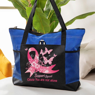 Custom Name Butterflies Pink Ribbon Design Tote Bag, Large Capacity Oxford Cloth Bag with Mesh Pocket, Beating Breast Cancer Gifts for Women/Friends