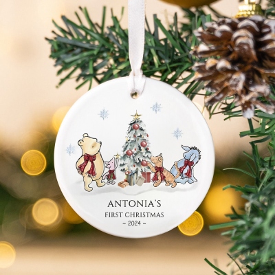 Personalized Classic Winnie the Pooh Baby's First Christmas Ornament, Ceramic Bear Holiday Tree Hanging Decor, Baby Shower/Christmas Gift for Newborns