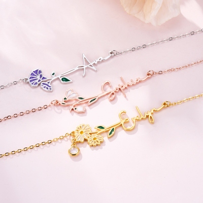 Collier de fleurs de naissance personnalisé avec pierre de naissance, bijoux pour femmes, fête des mères/Saint-Valentin/anniversaire/mariage, cadeau pour maman/elle/demoiselles d'honneur