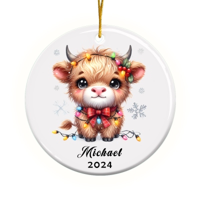 Personalized Name & Photo Christmas Highland Cow Ornament, Ceramic Holiday Tree Hanging Decor, Xmas Keepsake 2024, Christmas Gift for Kids/Boys/Girls