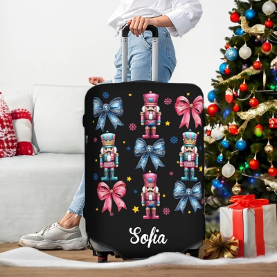 Personalized Coquette Bow Nutcracker Christmas Suitcase Cover, Custom Luggage Wrap, Holiday Travel Accessory, Christmas Gift for Women/Family/Traveler