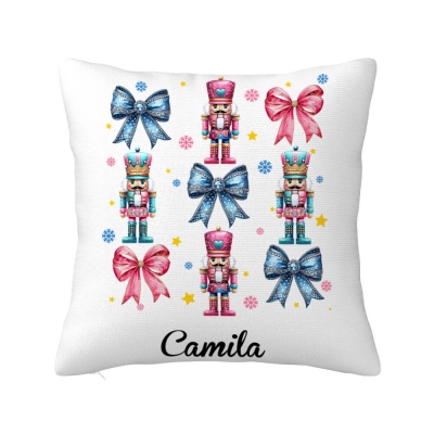 Personalized Name Coquette Bow Nutcracker Christmas Pillowcase, Xmas Pillow Cover with Optional Insert, Housewarming/Christmas Gift for Family/Friends