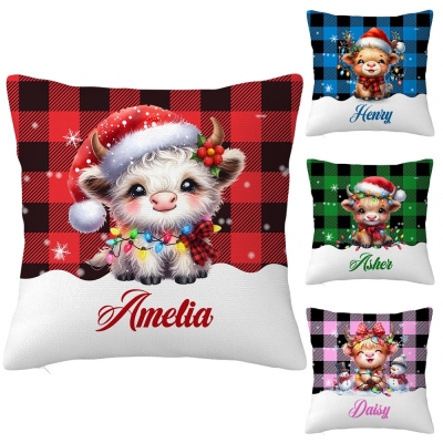 Personalized Name Christmas Baby Highland Cow Plaid Pillowcase, Xmas Pillow Cover with Optional Insert, Christmas Gift for Her/Mom/Family/Friends