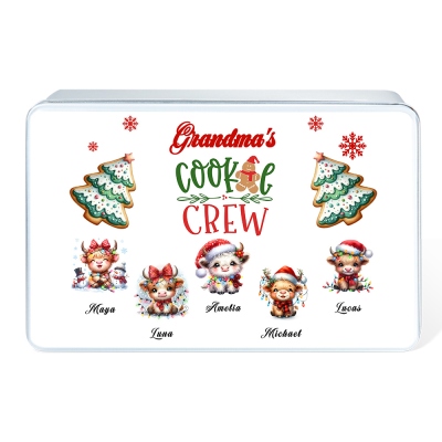 Custom Names Baby Highland Cow Christmas Cookie Tin, Treat Tin for Biscuits/Sweets/Goodies, Holiday Party Favor, Christmas Gift for Mom/Grandma/Family