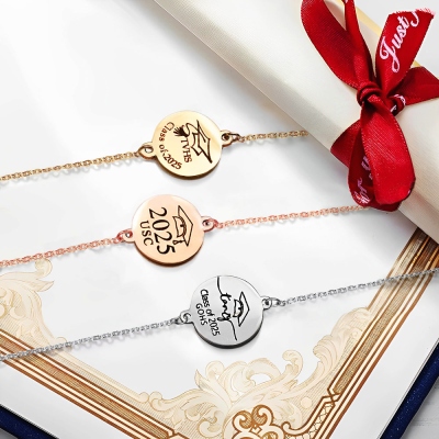 Personalized Bachelor Cap Design Bracelet, Custom Disc Pendant Bracelet, High School College Class of 2025 Graduation Jewelry, Gift for Graduates