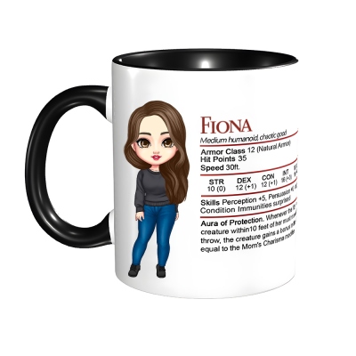 Personalized Cartoon Character 11oz Ceramic Mug, Custom DND/RPG Stat Block Mug – Add Your Name, DND Gift for Couples, Friends, or Kids