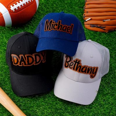 Personalized Name Leather Patch Trucker Hat, Personalized Child Cap, Trucker Mesh Back Hat with Adjustable Snapback, Gift for Junior/Adult/Family