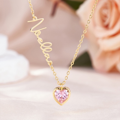 Sideway Name Necklace with Heart Birthstone