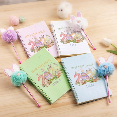 Custom Name Cartoon Bunny & Eggs Happy First Easter Spiral Notebook with Pom Pom Pen, Notebook & Pen Set, Easter Party Favor, Easter Gift for Kids