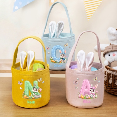 Custom Name Floral Rabbit & Fluffy Alphabet Design Easter Basket with Bunny Ears & Tail, Easter Egg Hunt Bag, Easter Party Favor, Easter Gift for Kids