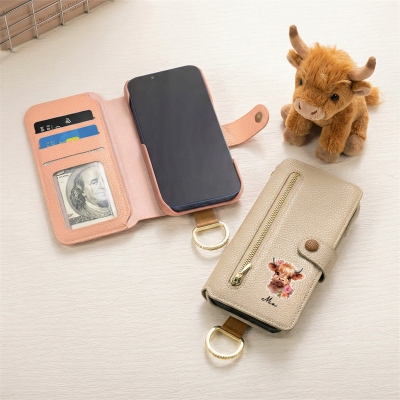 Personalized Name Highland Cow Leather Flip Phone Case for iPhone, RFID Blocking Wallet Case with Card Holder & Keyring, Gift for Family/Friends