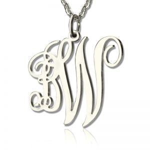 Vine Font 2 Initial Monogram Necklace Solid White Gold