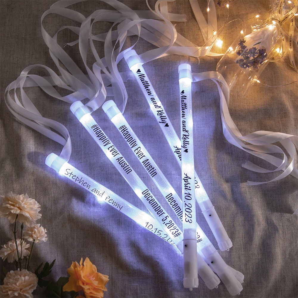 (Set of 5pcs) Custom Wedding Ribbon Wands with Lights, Wedding LED Ribbon Wands, Wedding Favors Ideas