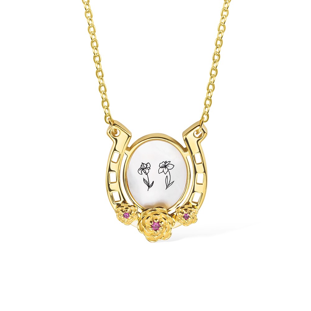 Personalisierte Hufeisen-Halskette mit Geburtsblume, Hufeisenblumen-Halskette, Hufeisenschmuck, Glücksbringer, Geschenk für Mama/Oma/Pferdeliebhaberin