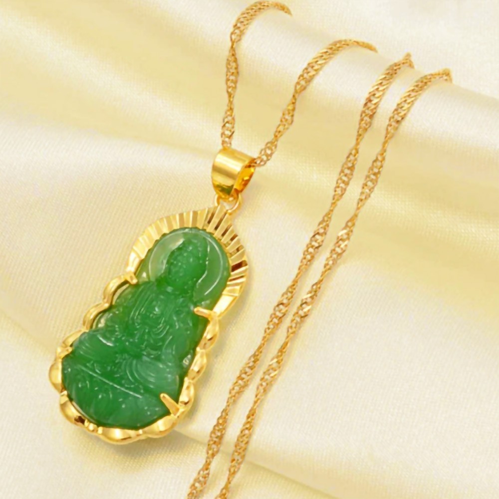 Jade Buddha Necklace, Buddha on a Lotus Flower Pendant Necklace, Chinese Style Gautama Buddhist Guanyin Pendant Necklace, Amulet Jewelry